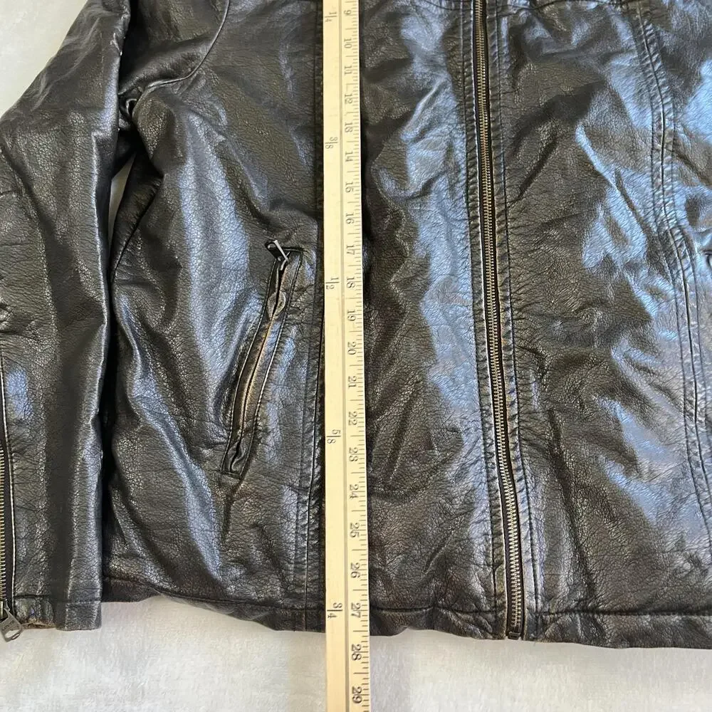 Levi's Jacket Mens Large Black Faux Leather Hooded Lined Biker Motorcycle READ